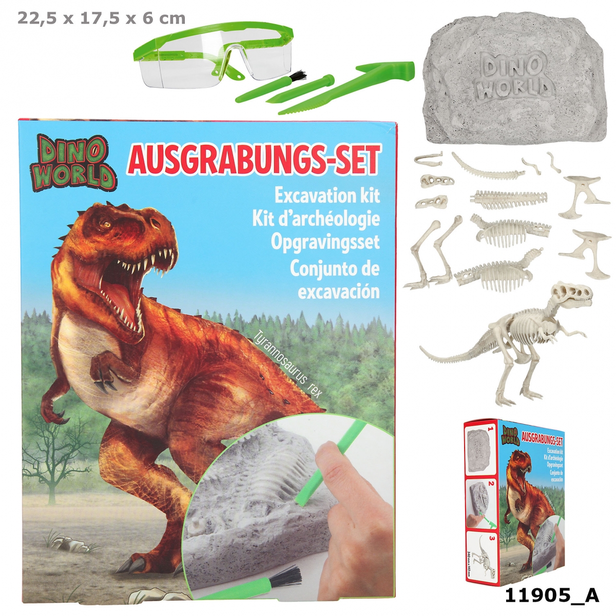 Depesche Dino World – Kit De Décapage Géant : Squelette T-Rex à Déterrer, 13 Os, Marteau, Burin, Brosse Et Lunettes – Dès 6 Ans