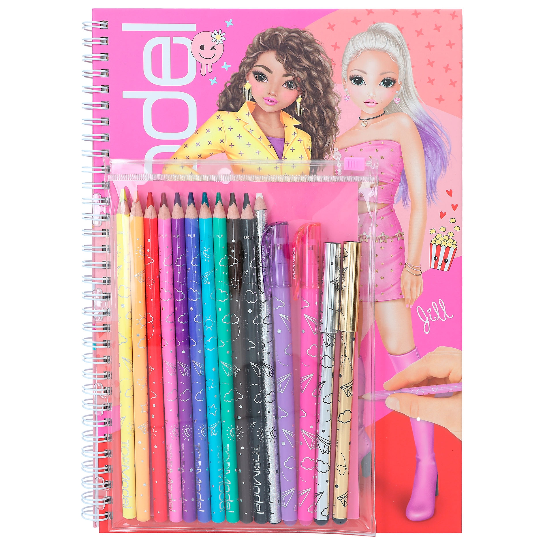 Depesche 12743 TOPModel - Stylos à paillettes gel dans un étui transparent avec fermeture à bouton-pression, 5 stylos aux couleurs pailletées pour écrire et décorer