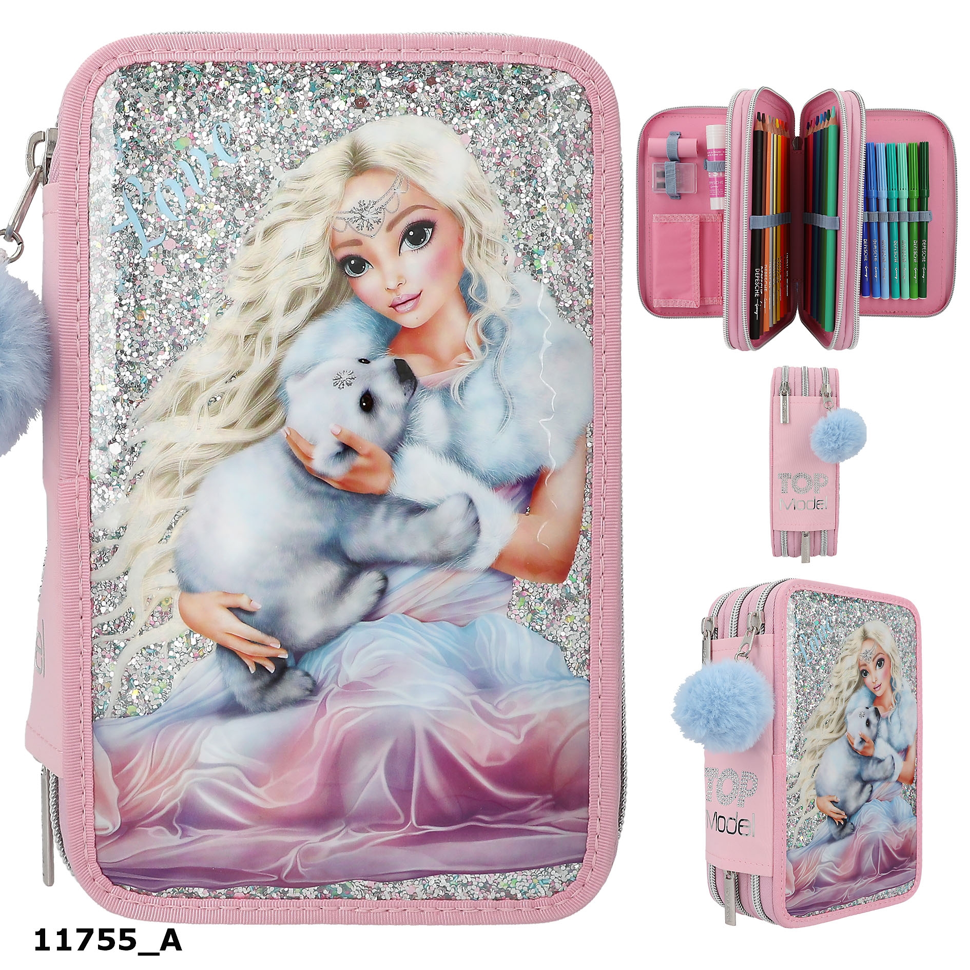 Filled 3-compartment pencil case with hearts in red and pink